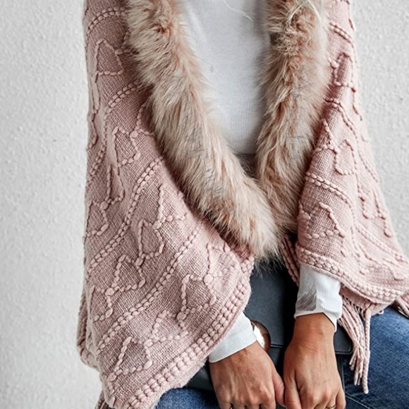 Womens Blush Pink Textured Fringed Faux Fur Trim Open Cardigan OSFM - Picture 3 of 5